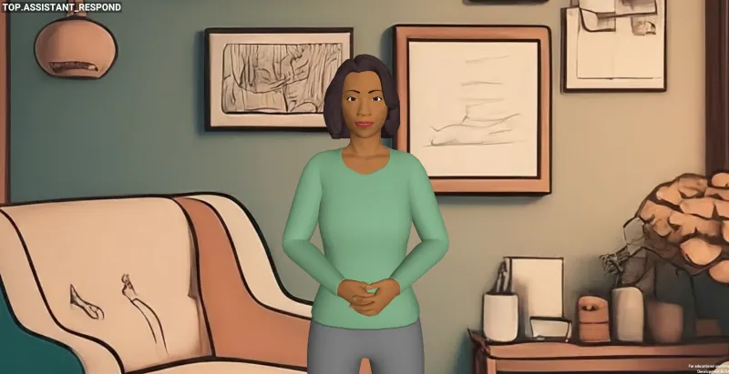 Animated virtual counselor in a green sweater standing in an illustrated therapy office