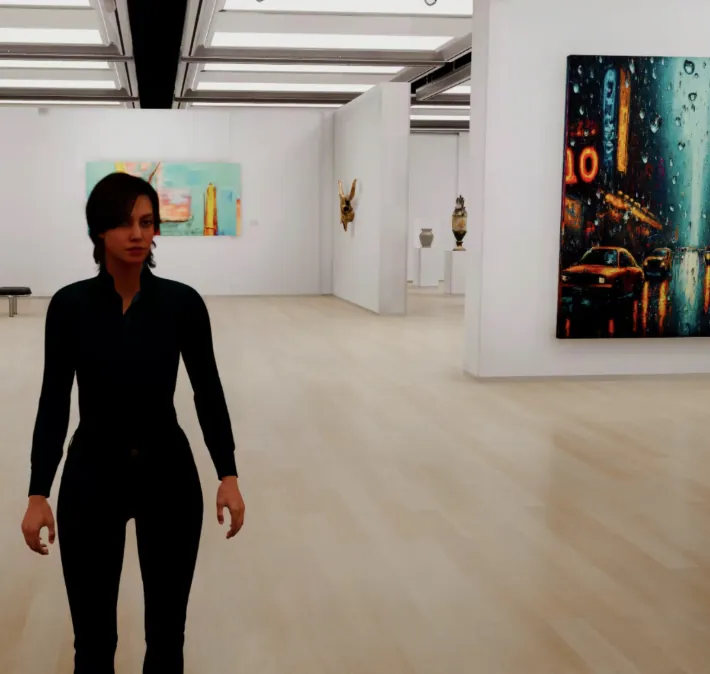Virtual guide standing in a bright 3D art gallery with colorful paintings