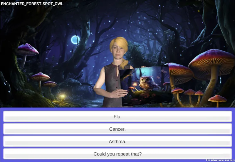 Virtual agent holding an owl picture in a glowing mushroom forest, with multiple-choice answers below