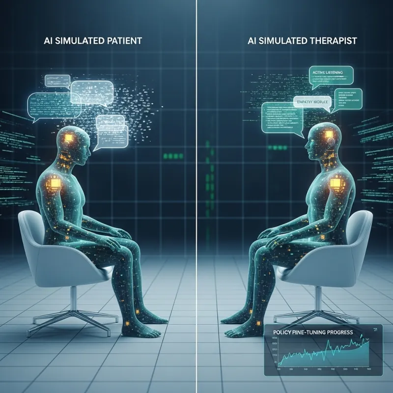 Illustration of two digital humanoids labeled AI Simulated Patient and AI Simulated Therapist