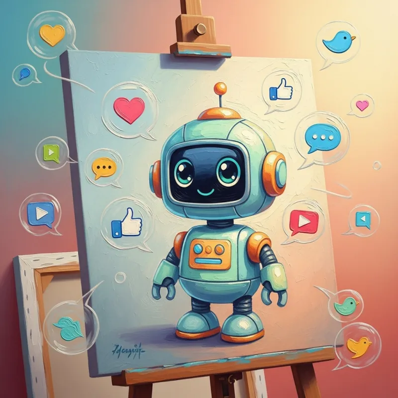 Painted-style illustration of a robot on an easel surrounded by social media icons